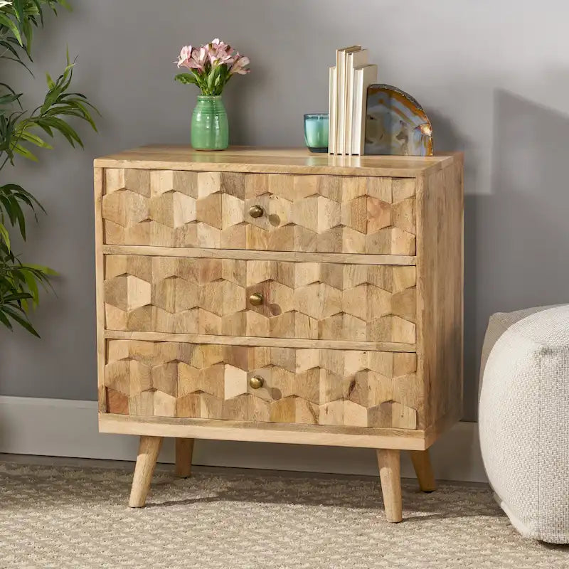 Commode 3 tiroirs en bois de manguier de style Mid-Century Modern
