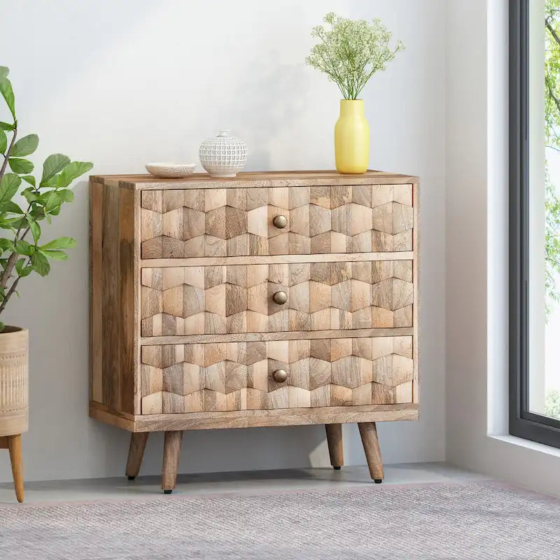 Commode 3 tiroirs en bois de manguier de style Mid-Century Modern