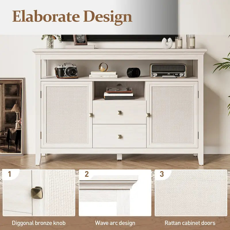52.8 Buffet en rotin, meuble de rangement de style bohème et rustique avec étagères réglables, buffet d'appoint pour cuisine