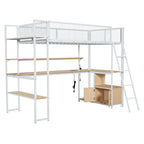 Lit mezzanine double en métal avec poste de travail intégré, LED et rangements multiples