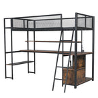 Lit mezzanine double en métal avec poste de travail intégré, LED et rangements multiples