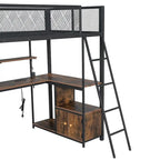 Lit mezzanine double en métal avec poste de travail intégré, LED et rangements multiples