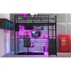 Lit mezzanine en métal avec bureau et rangement à LED