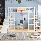 Lit mezzanine industriel pleine grandeur avec panier de basket, toboggan et escaliers, cadre de lit mezzanine en métal robuste avec étagère, bureau et armoire