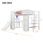 Lit mezzanine industriel pleine grandeur avec panier de basket, toboggan et escaliers, cadre de lit mezzanine en métal robuste avec étagère, bureau et armoire