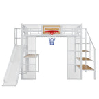 Lit mezzanine industriel pleine grandeur avec panier de basket, toboggan et escaliers, cadre de lit mezzanine en métal robuste avec étagère, bureau et armoire