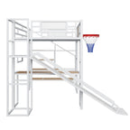 Lit mezzanine industriel pleine grandeur avec panier de basket, toboggan et escaliers, cadre de lit mezzanine en métal robuste avec étagère, bureau et armoire