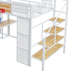 Lit mezzanine industriel pleine grandeur avec panier de basket, toboggan et escaliers, cadre de lit mezzanine en métal robuste avec étagère, bureau et armoire