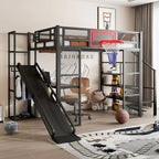 Lit mezzanine industriel pleine grandeur avec panier de basket, toboggan et escaliers, cadre de lit mezzanine en métal robuste avec étagère, bureau et armoire