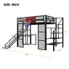 Lit mezzanine industriel pleine grandeur avec panier de basket, toboggan et escaliers, cadre de lit mezzanine en métal robuste avec étagère, bureau et armoire