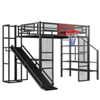 Lit mezzanine industriel pleine grandeur avec panier de basket, toboggan et escaliers, cadre de lit mezzanine en métal robuste avec étagère, bureau et armoire