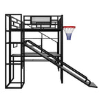 Lit mezzanine industriel pleine grandeur avec panier de basket, toboggan et escaliers, cadre de lit mezzanine en métal robuste avec étagère, bureau et armoire