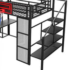 Lit mezzanine industriel pleine grandeur avec panier de basket, toboggan et escaliers, cadre de lit mezzanine en métal robuste avec étagère, bureau et armoire