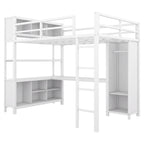 Lit mezzanine en métal pleine taille avec armoire et bureau en L, casiers de rangement et étagères pour enfants, adolescents et adultes