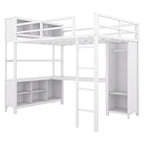 Lit mezzanine en métal pleine taille avec armoire et bureau en L, casiers de rangement et étagères pour enfants, adolescents et adultes