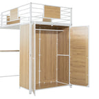 Lit mezzanine simple en métal et bois avec bureau en L, armoire, barrière et échelle