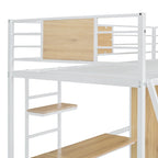 Lit mezzanine simple en métal et bois avec bureau en L, armoire, barrière et échelle