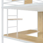 Lit mezzanine simple en métal et bois avec bureau en L, armoire, barrière et échelle