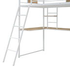 Lit mezzanine simple en métal et bois avec bureau en L, armoire, barrière et échelle