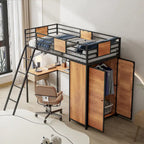 Lit mezzanine simple en métal et bois avec bureau en L, armoire, barrière et échelle