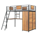 Lit mezzanine simple en métal et bois avec bureau en L, armoire, barrière et échelle