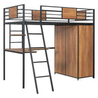 Lit mezzanine simple en métal et bois avec bureau en L, armoire, barrière et échelle