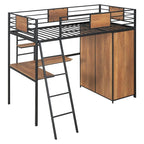 Lit mezzanine simple en métal et bois avec bureau en L, armoire, barrière et échelle