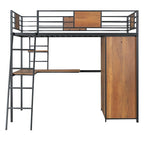 Lit mezzanine simple en métal et bois avec bureau en L, armoire, barrière et échelle
