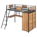 Lit mezzanine simple en métal et bois avec bureau en L, armoire, barrière et échelle