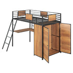 Lit mezzanine simple en métal et bois avec bureau en L, armoire, barrière et échelle