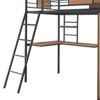 Lit mezzanine simple en métal et bois avec bureau en L, armoire, barrière et échelle