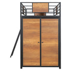 Lit mezzanine simple en métal et bois avec bureau en L, armoire, barrière et échelle
