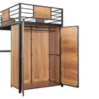 Lit mezzanine simple en métal et bois avec bureau en L, armoire, barrière et échelle