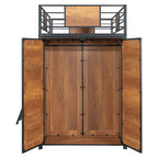 Lit mezzanine simple en métal et bois avec bureau en L, armoire, barrière et échelle