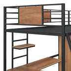 Lit mezzanine simple en métal et bois avec bureau en L, armoire, barrière et échelle