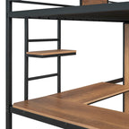 Lit mezzanine simple en métal et bois avec bureau en L, armoire, barrière et échelle