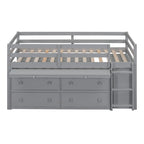Lit mezzanine gris en bois massif pour une personne avec bureau coulissant, 4 tiroirs, bureau latéral portable et étagères