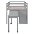 Lit mezzanine gris en bois massif pour une personne avec bureau coulissant, 4 tiroirs, bureau latéral portable et étagères