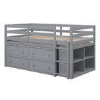 Lit mezzanine gris en bois massif pour une personne avec bureau coulissant, 4 tiroirs, bureau latéral portable et étagères