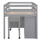 Lit mezzanine gris en bois massif pour une personne avec bureau coulissant, 4 tiroirs, bureau latéral portable et étagères