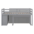 Lit mezzanine gris en bois massif pour une personne avec bureau coulissant, 4 tiroirs, bureau latéral portable et étagères