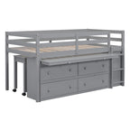 Lit mezzanine gris en bois massif pour une personne avec bureau coulissant, 4 tiroirs, bureau latéral portable et étagères