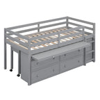 Lit mezzanine gris en bois massif pour une personne avec bureau coulissant, 4 tiroirs, bureau latéral portable et étagères