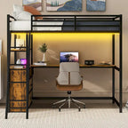 Lit mezzanine noir en métal et bois, taille double, avec bureau et étagères, deux tiroirs intégrés, éclairage LED et station de charge USB