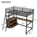 Lit mezzanine noir en métal et bois, taille double, avec bureau et étagères, deux tiroirs intégrés, éclairage LED et station de charge USB