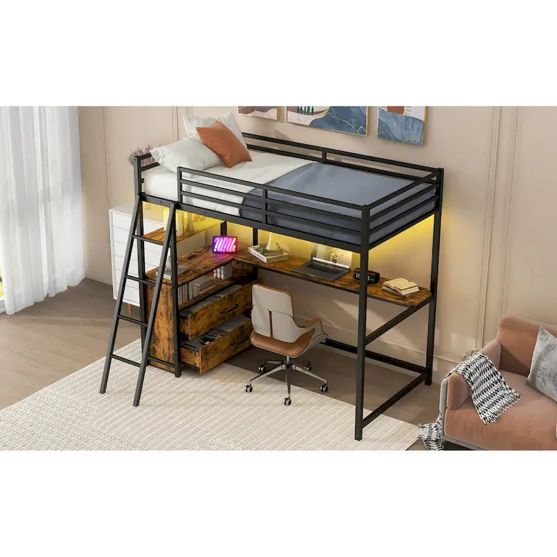 Lit mezzanine noir en métal et bois, taille double, avec bureau et étagères, deux tiroirs intégrés, éclairage LED et station de charge USB