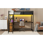 Lit mezzanine noir en métal et bois, taille double, avec bureau et étagères, deux tiroirs intégrés, éclairage LED et station de charge USB