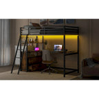 Lit mezzanine noir en métal et bois, taille double, avec bureau et étagères, deux tiroirs intégrés, éclairage LED et station de charge USB