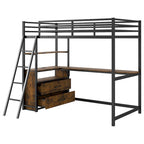 Lit mezzanine noir en métal et bois, taille double, avec bureau et étagères, deux tiroirs intégrés, éclairage LED et station de charge USB
