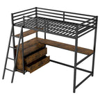 Lit mezzanine noir en métal et bois, taille double, avec bureau et étagères, deux tiroirs intégrés, éclairage LED et station de charge USB